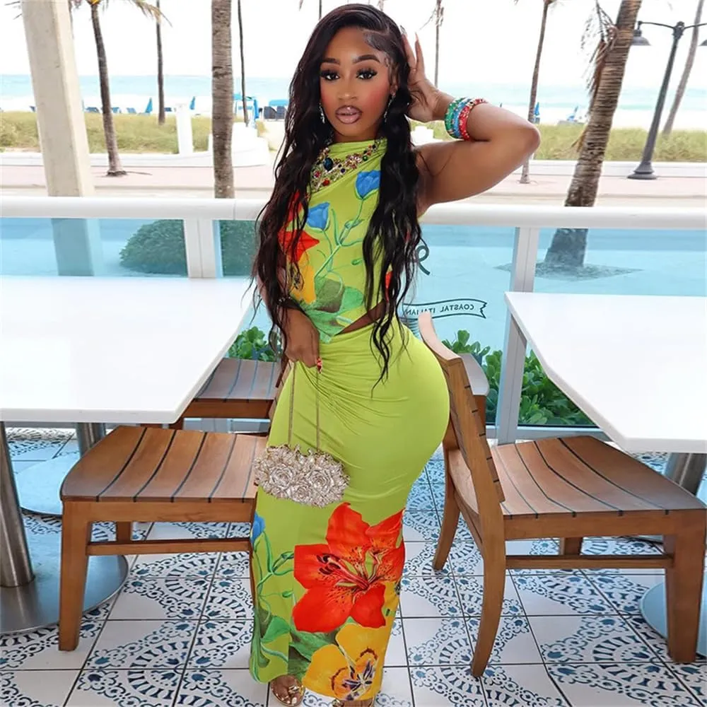 2 Piece Skirt Sets for Women Summer Floral Sleeveless Tube Top Bodycon Maxi Skirts Y2k Vacation Going Out Outfits
