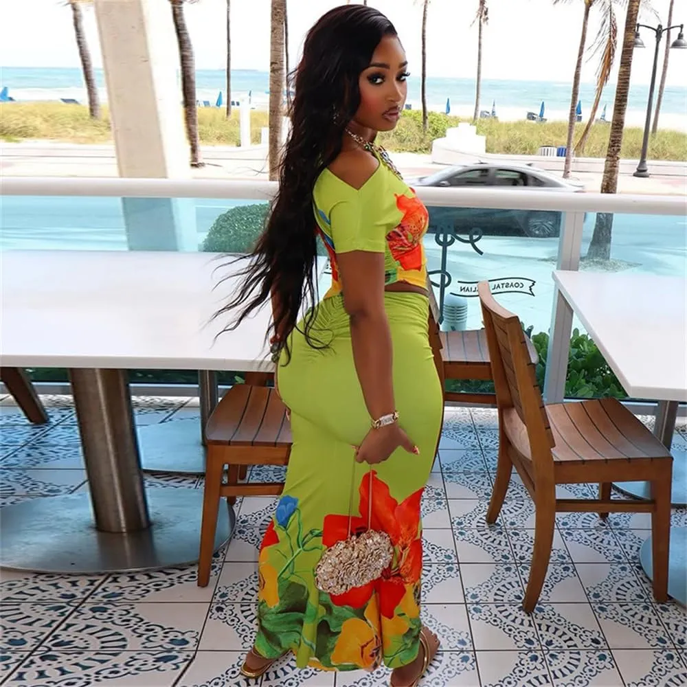 2 Piece Skirt Sets for Women Summer Floral Sleeveless Tube Top Bodycon Maxi Skirts Y2k Vacation Going Out Outfits
