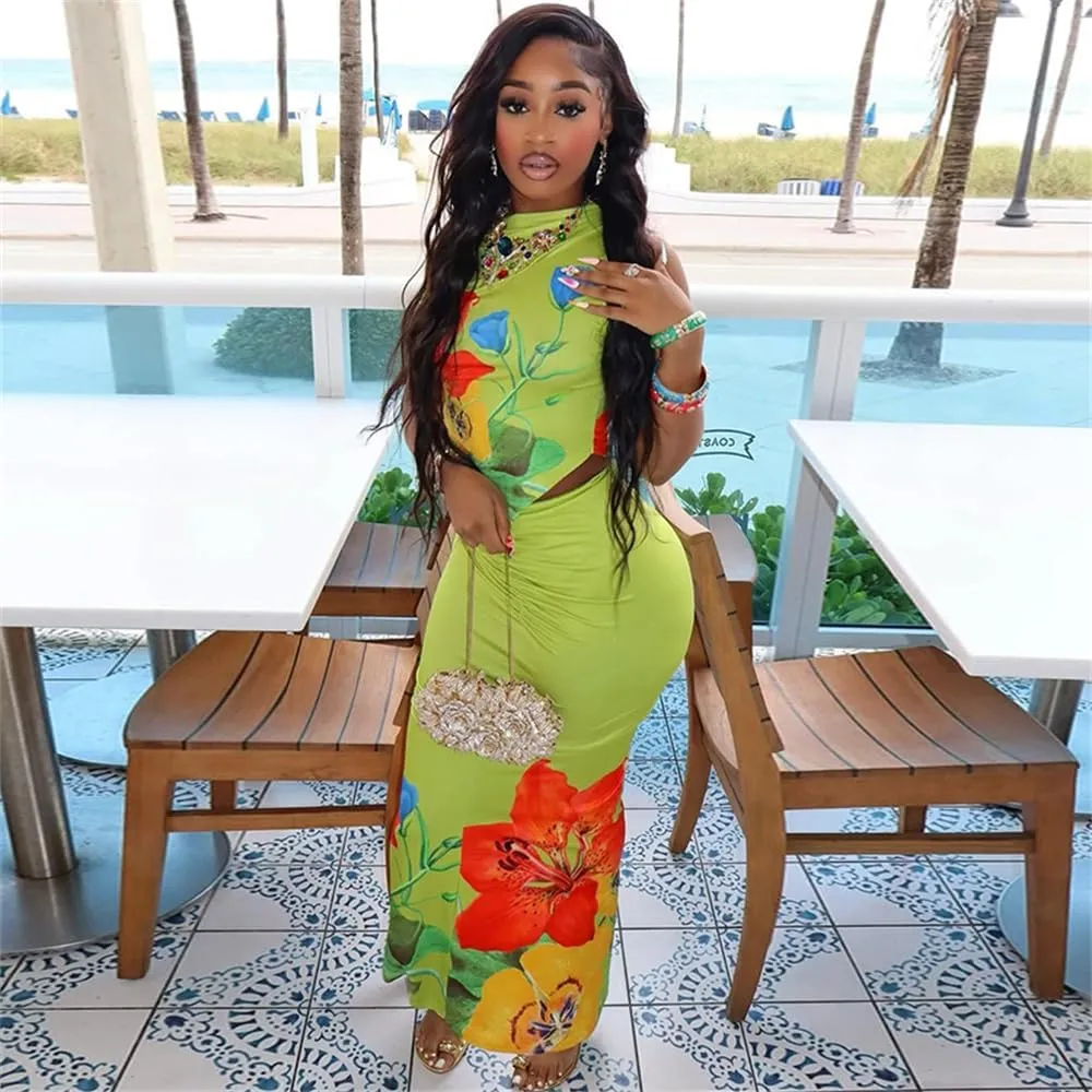 2 Piece Skirt Sets for Women Summer Floral Sleeveless Tube Top Bodycon Maxi Skirts Y2k Vacation Going Out Outfits