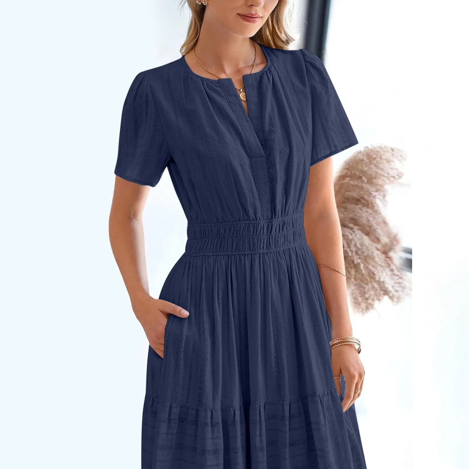 2025 Women V Neck Shirt Dress Summer Short Sleeve Casual Vacation Dresses Cut-Out Embroidered Eyelet Tiered Midi Dress
