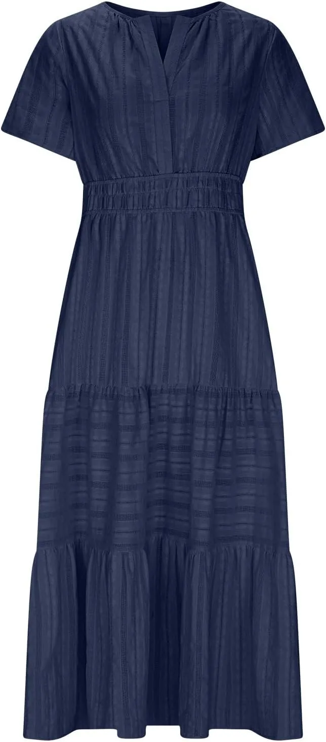 2025 Women V Neck Shirt Dress Summer Short Sleeve Casual Vacation Dresses Cut-Out Embroidered Eyelet Tiered Midi Dress