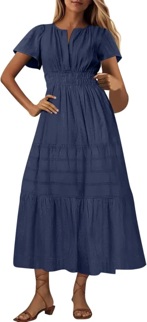 2025 Women V Neck Shirt Dress Summer Short Sleeve Casual Vacation Dresses Cut-Out Embroidered Eyelet Tiered Midi Dress