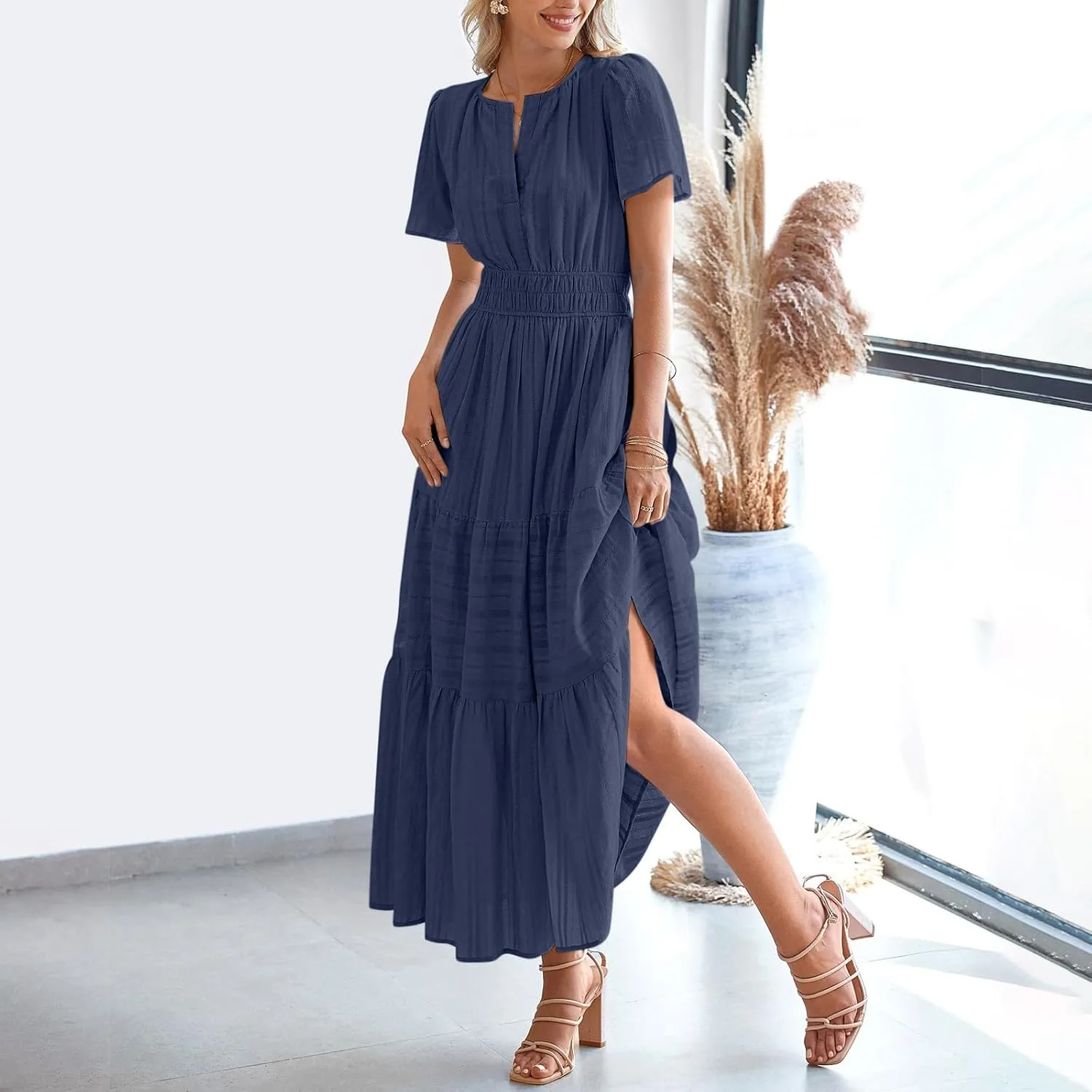 2025 Women V Neck Shirt Dress Summer Short Sleeve Casual Vacation Dresses Cut-Out Embroidered Eyelet Tiered Midi Dress