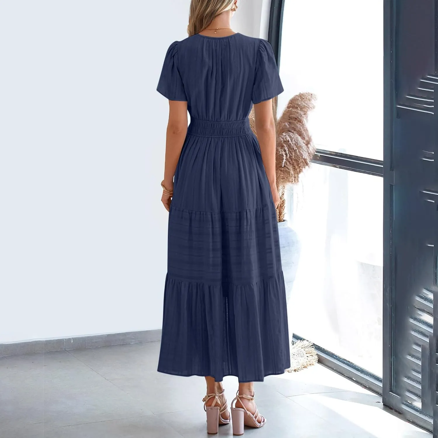 2025 Women V Neck Shirt Dress Summer Short Sleeve Casual Vacation Dresses Cut-Out Embroidered Eyelet Tiered Midi Dress