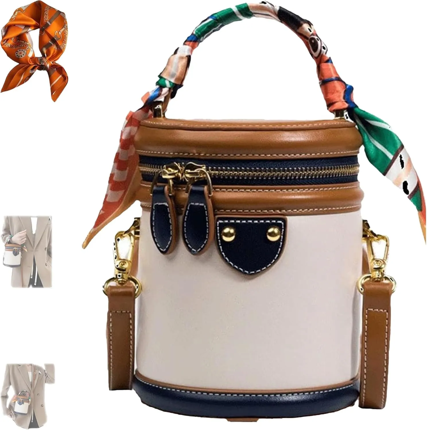 2025New Colorblock Bucket Bag for Women,Summer Silk scarf handbag crossbody bag, Leather Bucket Handbag, Fashionable Crossbody