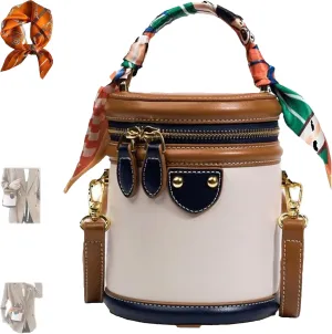 2025New Colorblock Bucket Bag for Women,Summer Silk scarf handbag crossbody bag, Leather Bucket Handbag, Fashionable Crossbody