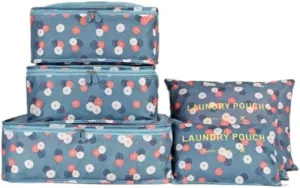 6PCS Waterproof Packing Cubes Travel Luggage Packing Organizer Pouch Clothes Storage Bag Suitcase for Toiletry (Blue Flowers)