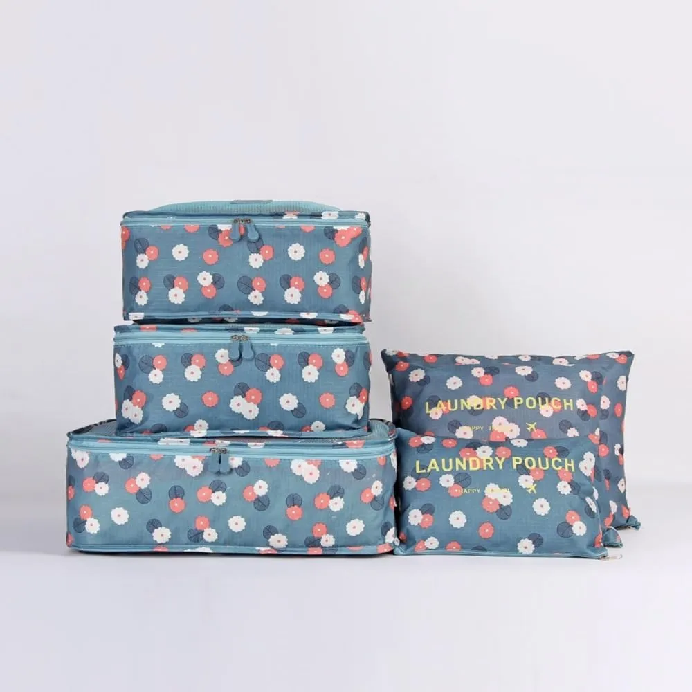 6PCS Waterproof Packing Cubes Travel Luggage Packing Organizer Pouch Clothes Storage Bag Suitcase for Toiletry (Blue Flowers)