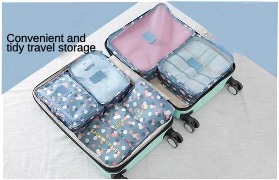6PCS Waterproof Packing Cubes Travel Luggage Packing Organizer Pouch Clothes Storage Bag Suitcase for Toiletry (Blue Flowers)