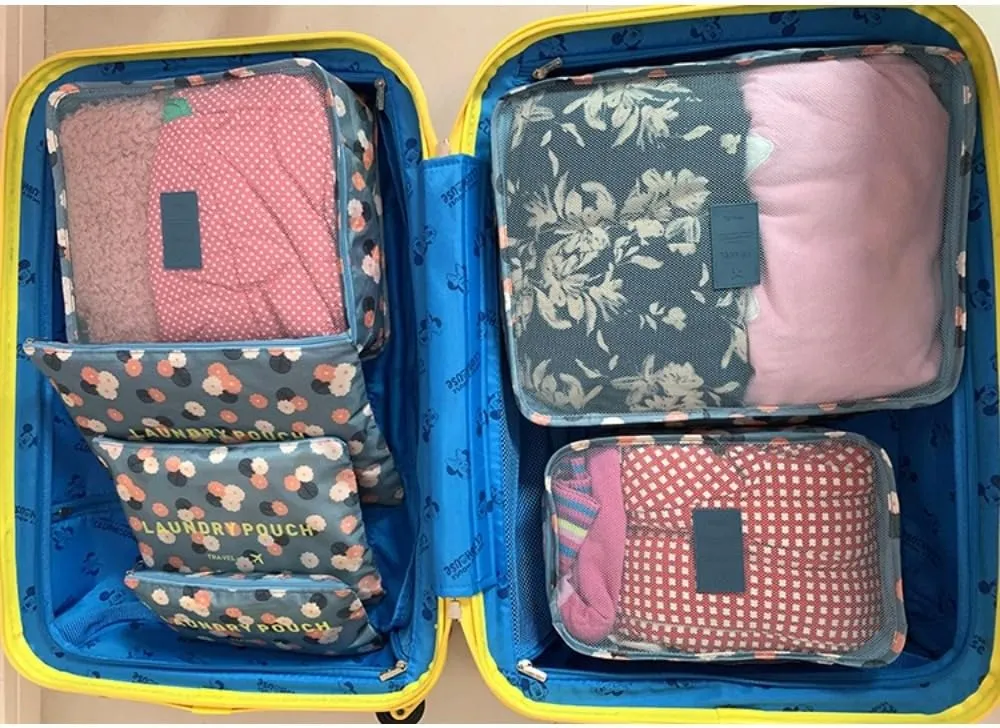 6PCS Waterproof Packing Cubes Travel Luggage Packing Organizer Pouch Clothes Storage Bag Suitcase for Toiletry (Blue Flowers)