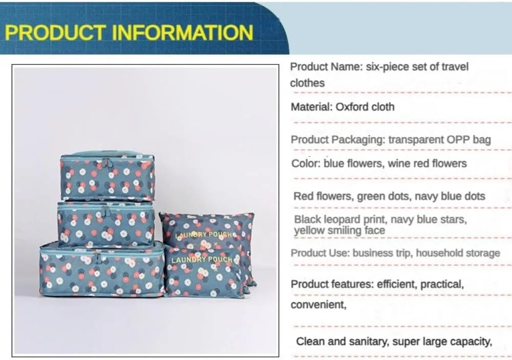 6PCS Waterproof Packing Cubes Travel Luggage Packing Organizer Pouch Clothes Storage Bag Suitcase for Toiletry (Blue), PP020302