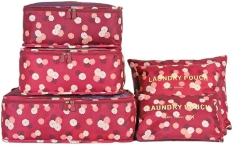 6PCS Waterproof Packing Cubes Travel Luggage Packing Organizer Pouch Clothes Storage Bag Suitcase for Toiletry (Rose Red)