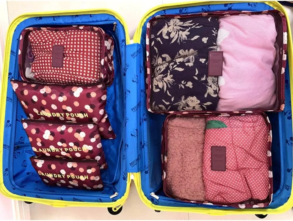 6PCS Waterproof Packing Cubes Travel Luggage Packing Organizer Pouch Clothes Storage Bag Suitcase for Toiletry (Rose Red)
