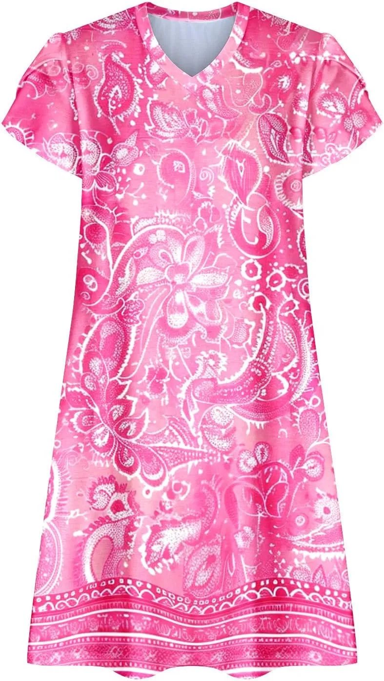 A Line Dresses for Women 2025 Summer Casual V Neck Short Sleeve Dress Cute Pockets Beach Loose Fit Sundress Outfits