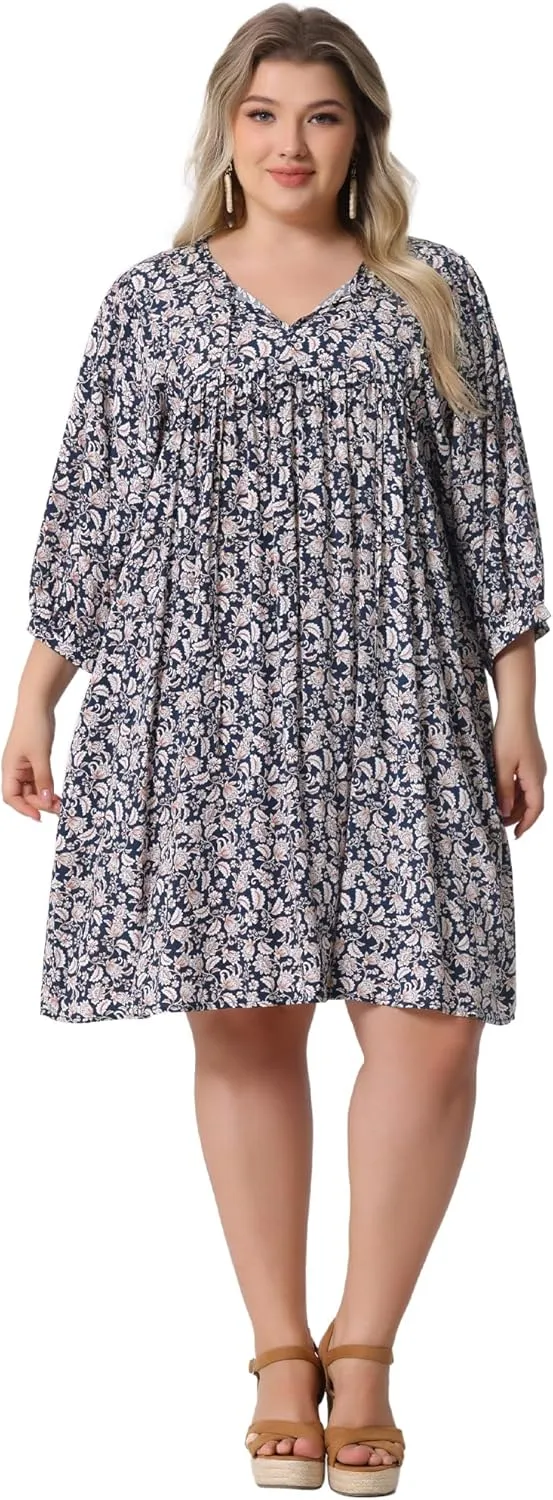 Agnes Orinda Plus Size Summer Dress for Womens Drawstring V Neck Babydoll Midi Flowy Dresses Sundress