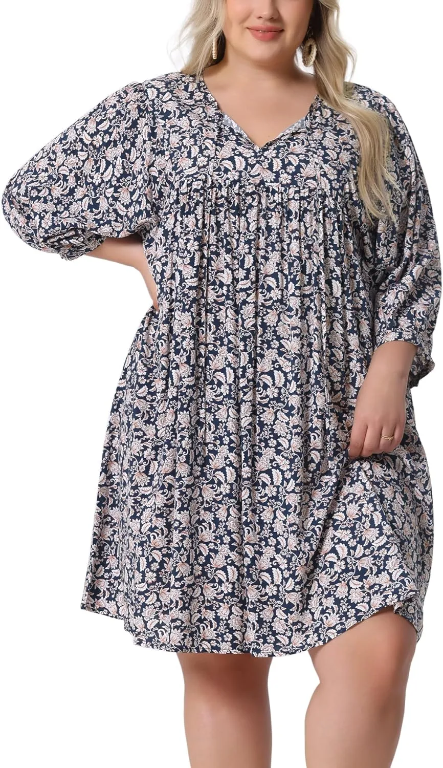 Agnes Orinda Plus Size Summer Dress for Womens Drawstring V Neck Babydoll Midi Flowy Dresses Sundress