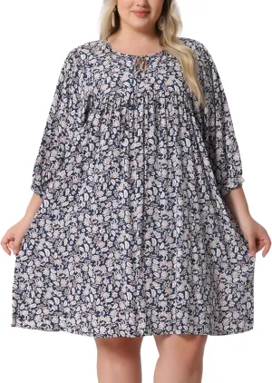 Agnes Orinda Plus Size Summer Dress for Womens Drawstring V Neck Babydoll Midi Flowy Dresses Sundress