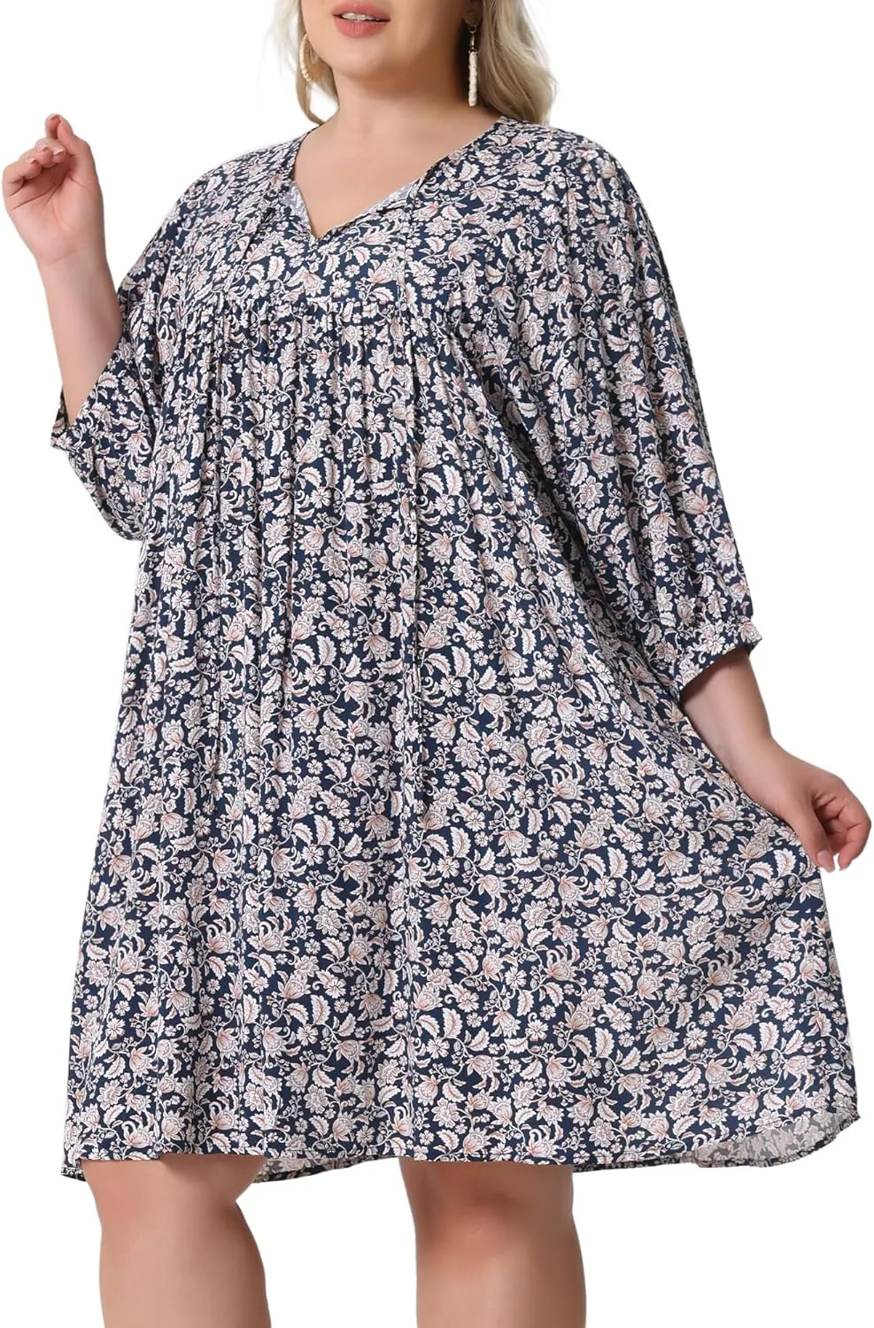 Agnes Orinda Plus Size Summer Dress for Womens Drawstring V Neck Babydoll Midi Flowy Dresses Sundress