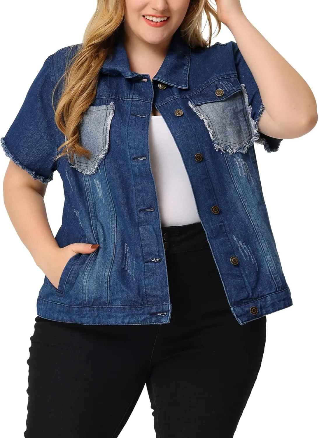 Agnes Orinda Plus Size Women's Denim Jackets Button Washed Frayed Jean Short Denim Jacket 2024 Summer