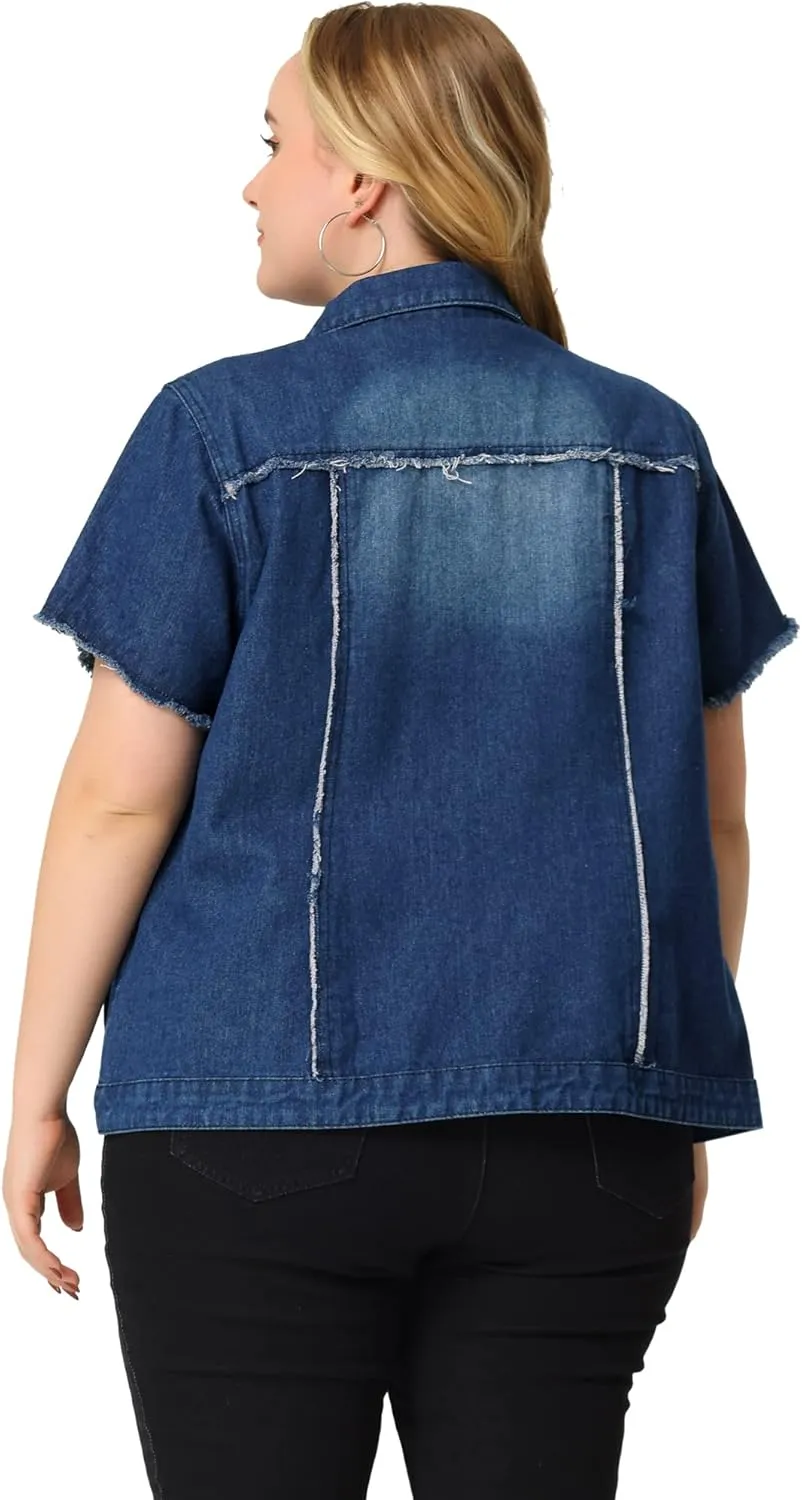 Agnes Orinda Plus Size Women's Denim Jackets Button Washed Frayed Jean Short Denim Jacket 2024 Summer