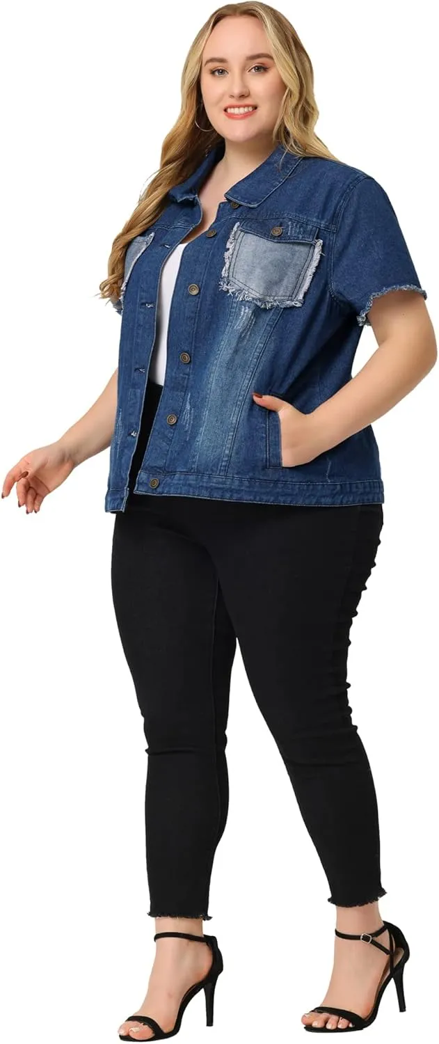 Agnes Orinda Plus Size Women's Denim Jackets Button Washed Frayed Jean Short Denim Jacket 2024 Summer
