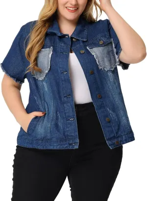 Agnes Orinda Plus Size Women's Denim Jackets Button Washed Frayed Jean Short Denim Jacket 2024 Summer