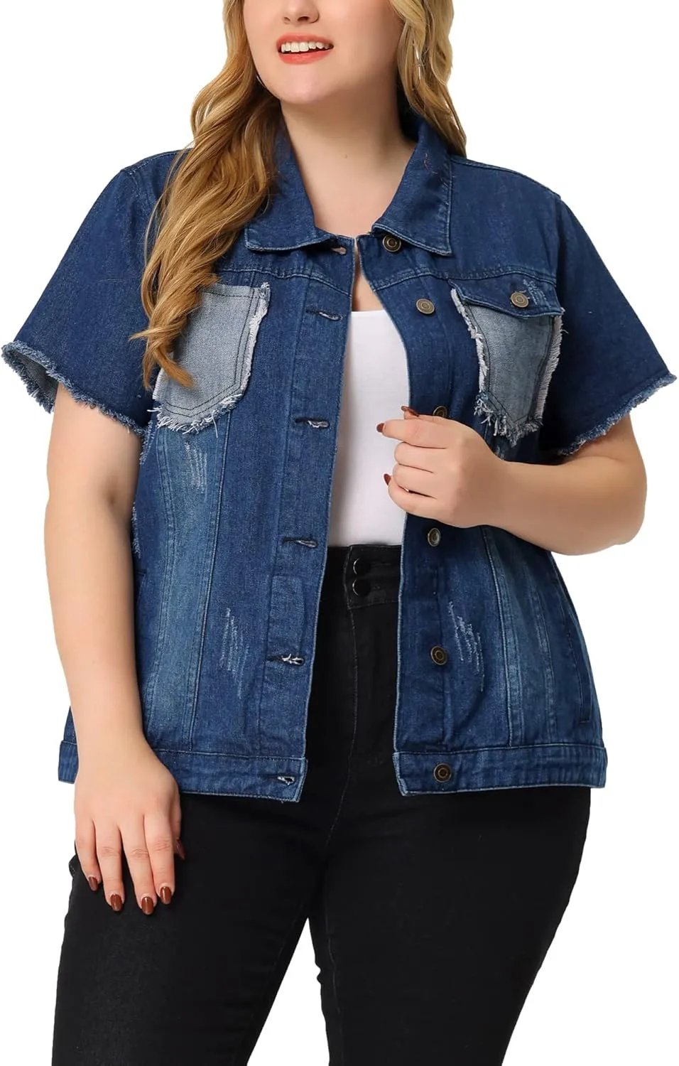 Agnes Orinda Plus Size Women's Denim Jackets Button Washed Frayed Jean Short Denim Jacket 2024 Summer