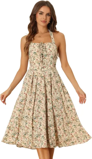 Allegra K Halter Neck Floral Dress for Women's Summer Sundress Sleeveless Lace Up Midi Dresses