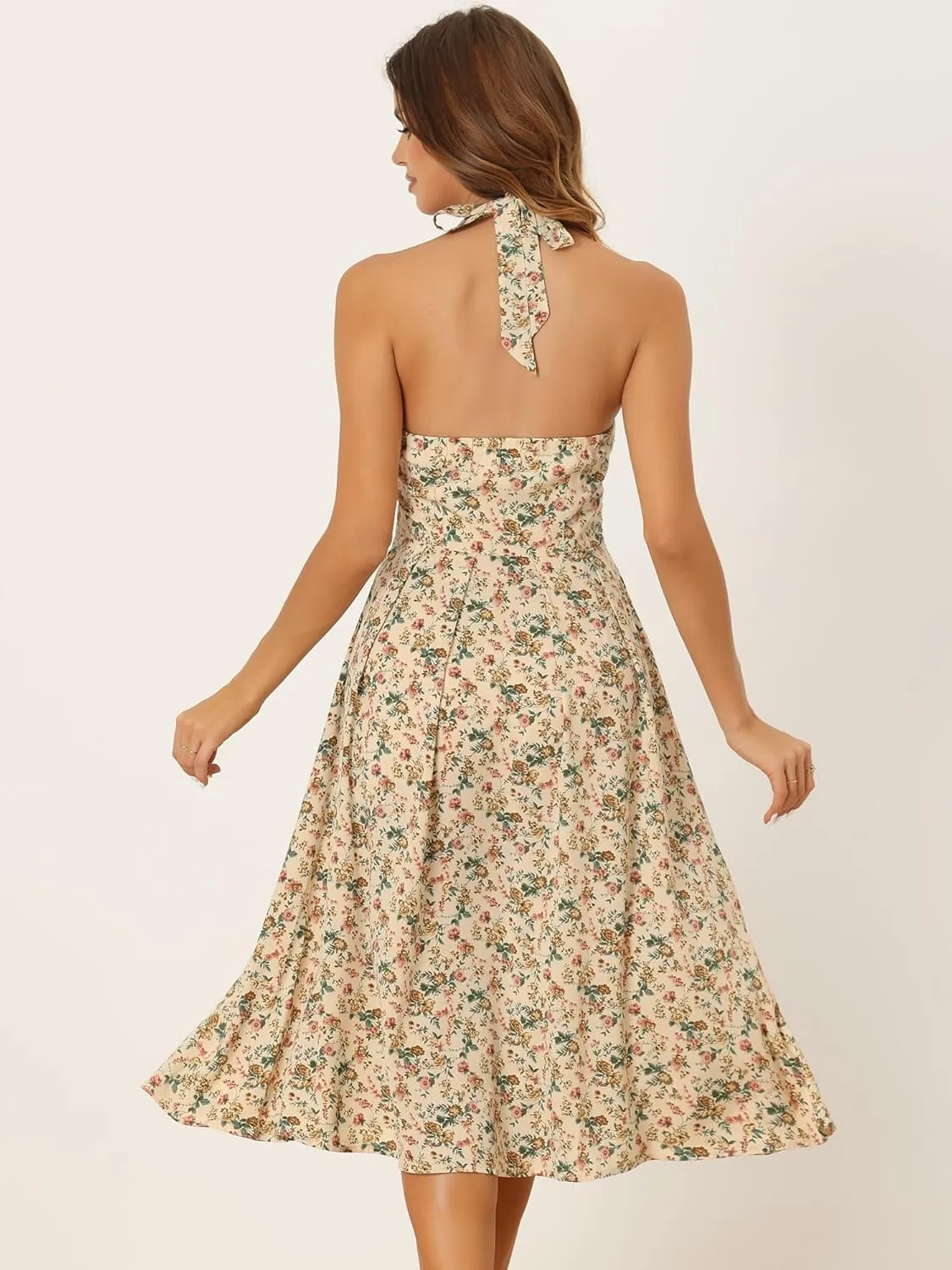 Allegra K Halter Neck Floral Dress for Women's Summer Sundress Sleeveless Lace Up Midi Dresses