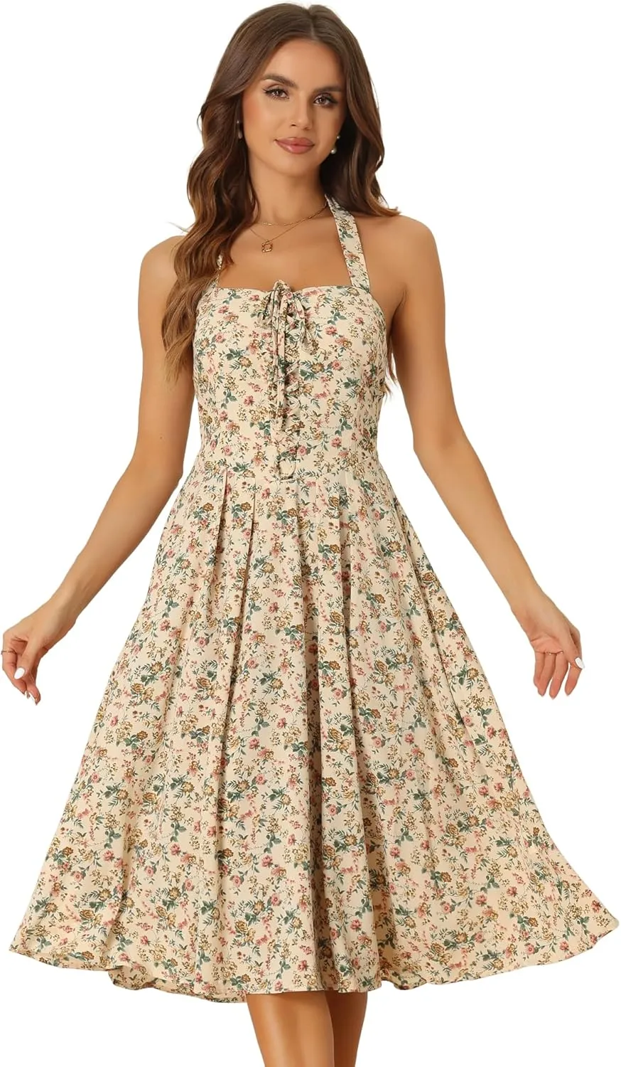 Allegra K Halter Neck Floral Dress for Women's Summer Sundress Sleeveless Lace Up Midi Dresses