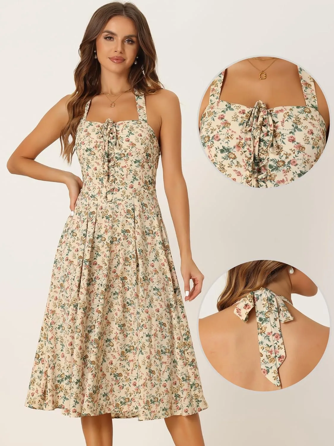 Allegra K Halter Neck Floral Dress for Women's Summer Sundress Sleeveless Lace Up Midi Dresses