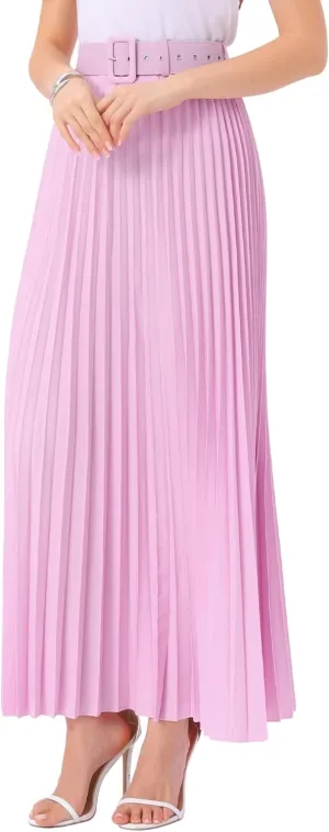 Allegra K Long Pleated Skirt for Women's Elastic High Waist with Belt Swing A-line Work Maxi Skirt