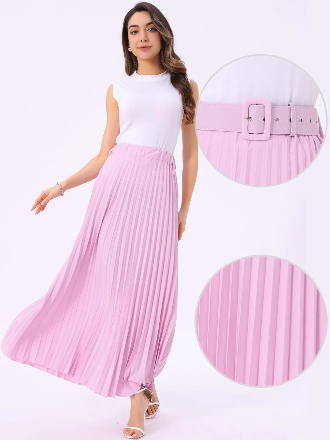 Allegra K Long Pleated Skirt for Women's Elastic High Waist with Belt Swing A-line Work Maxi Skirt