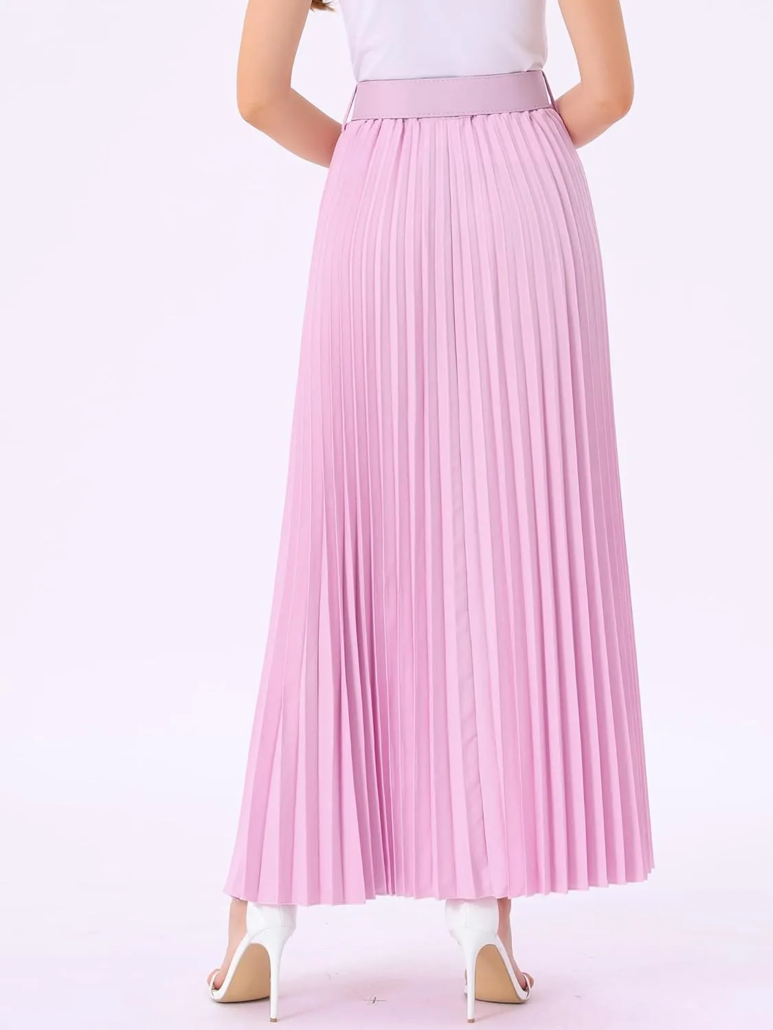 Allegra K Long Pleated Skirt for Women's Elastic High Waist with Belt Swing A-line Work Maxi Skirt