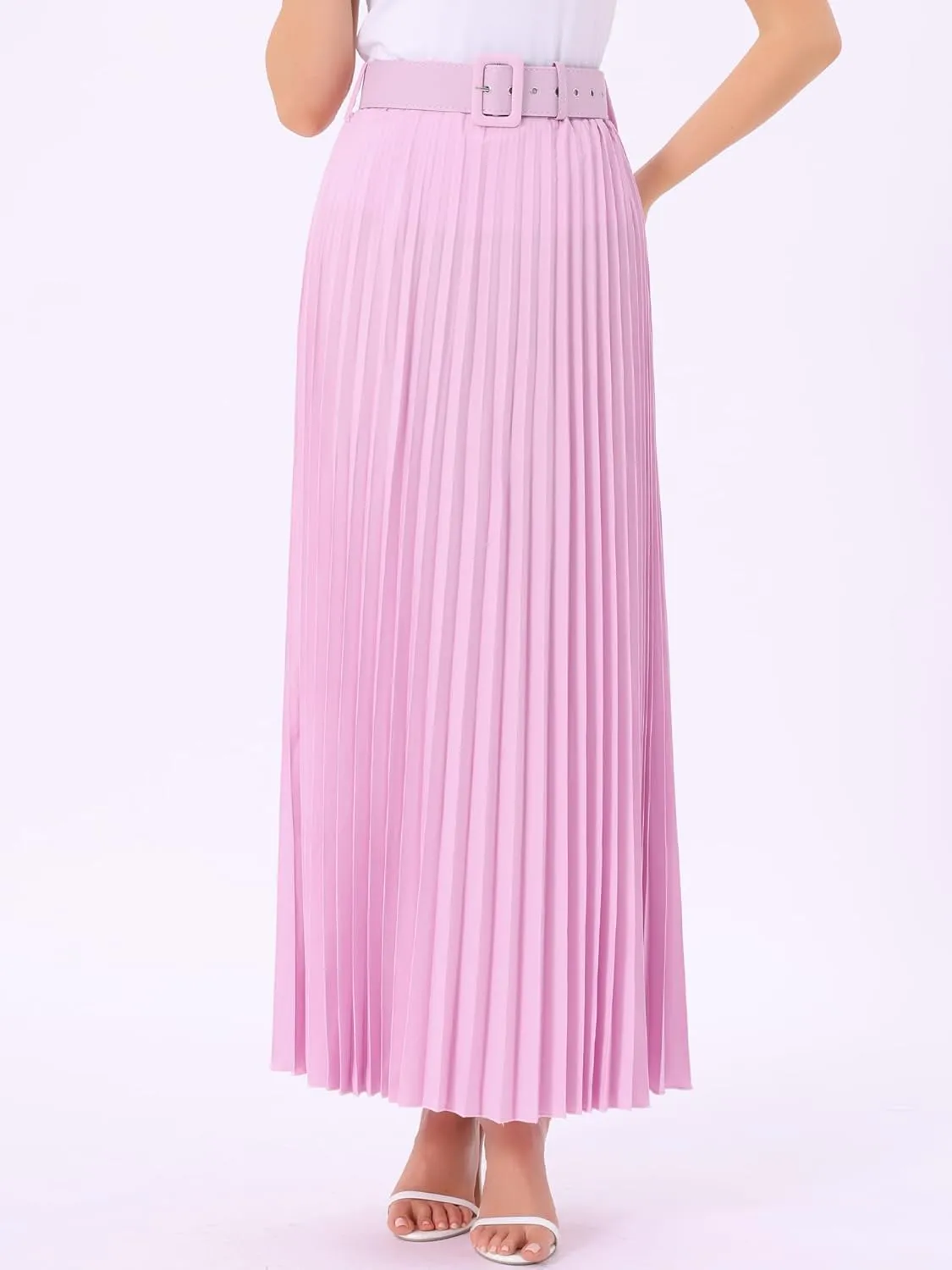 Allegra K Long Pleated Skirt for Women's Elastic High Waist with Belt Swing A-line Work Maxi Skirt