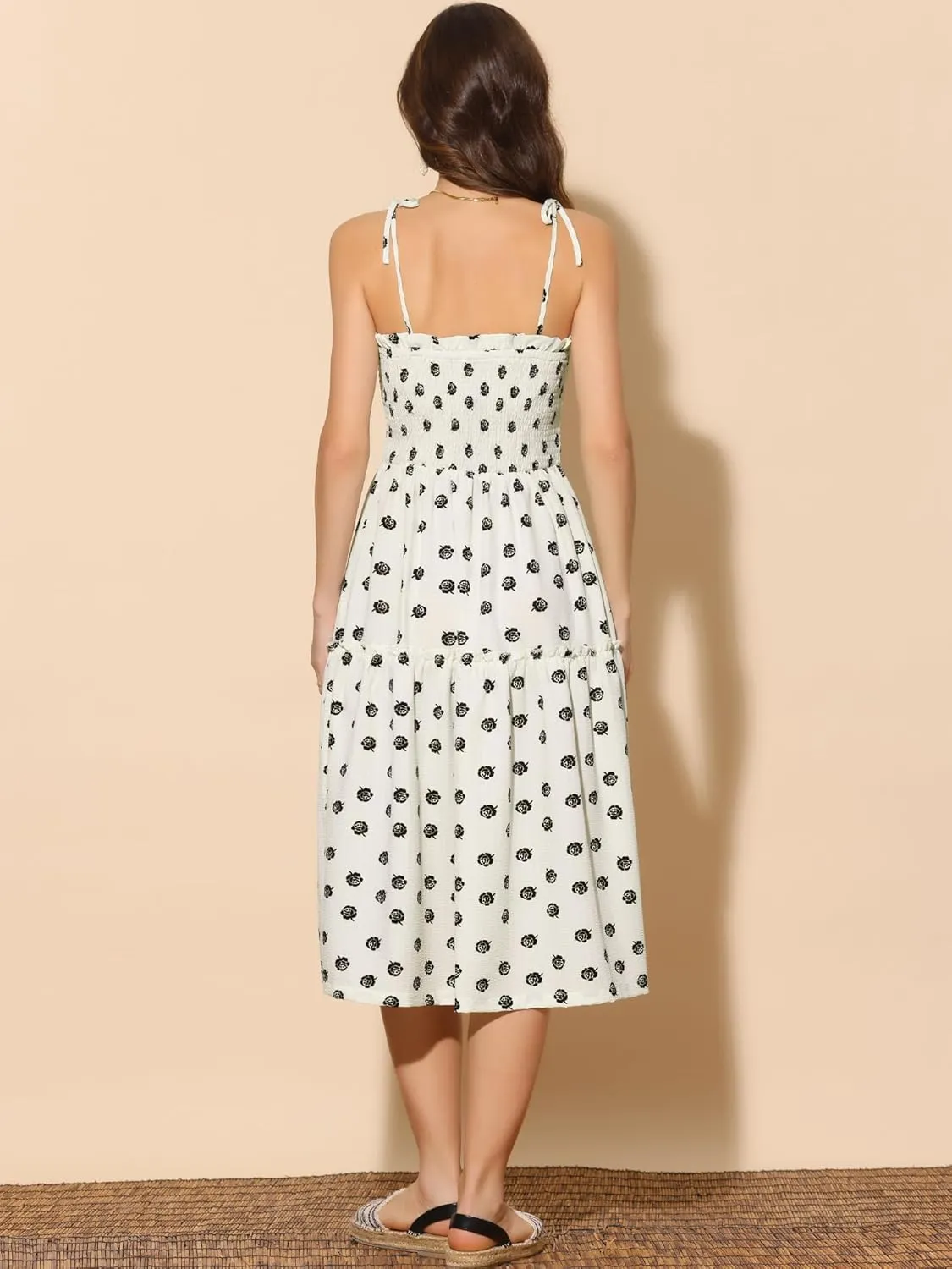 Allegra K Summer Dresses for Women's Smocked Spaghetti Strap Sleeveless Tiered Floral Midi Sundress