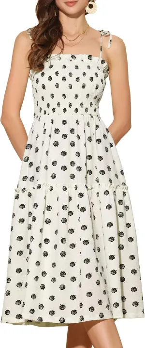 Allegra K Summer Dresses for Women's Smocked Spaghetti Strap Sleeveless Tiered Floral Midi Sundress