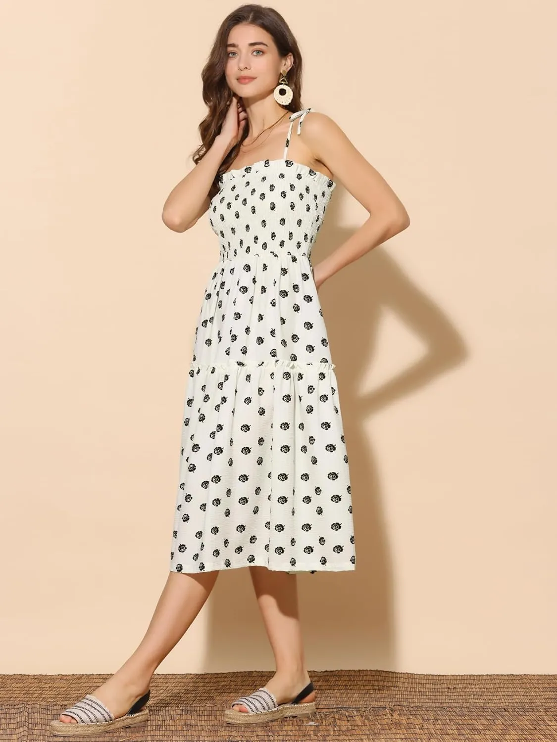 Allegra K Summer Dresses for Women's Smocked Spaghetti Strap Sleeveless Tiered Floral Midi Sundress