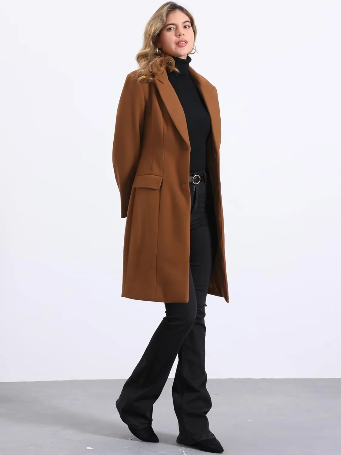 Allegra K Winter Coat for Women's Notch Lapel Mid-Long Single Breasted Overcoat Pea Coats