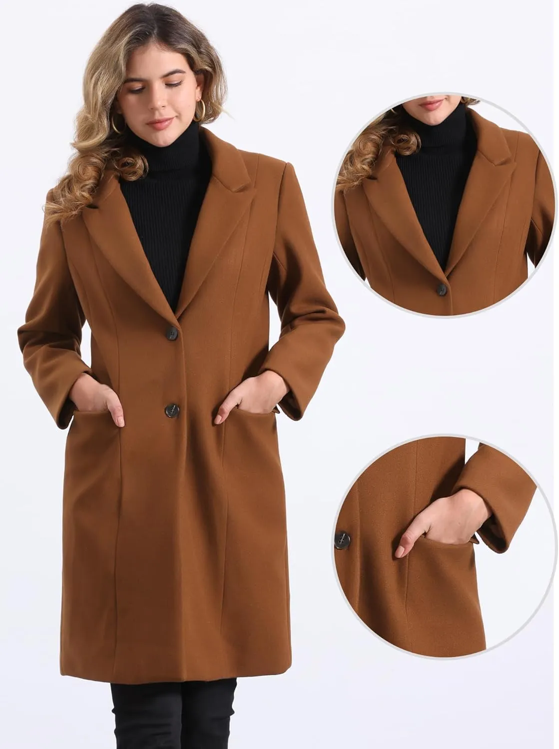 Allegra K Winter Coat for Women's Notch Lapel Mid-Long Single Breasted Overcoat Pea Coats