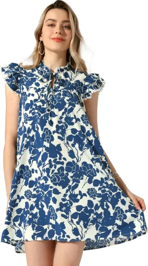 Allegra K Women's Babydoll Dress Ruffle Mock Neck Cap Sleeve Self Tie Mini Floral Dresses