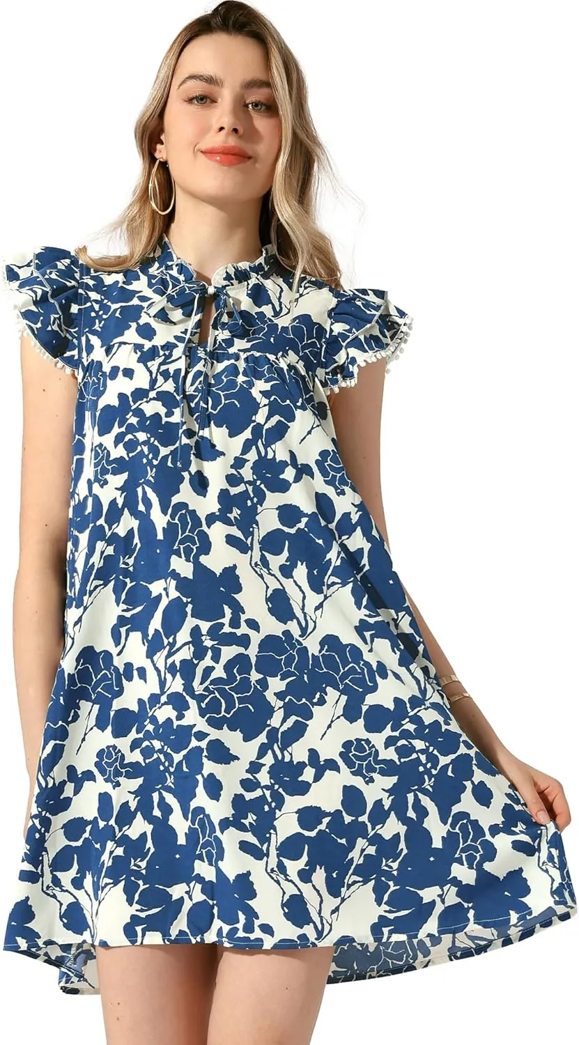 Allegra K Women's Babydoll Dress Ruffle Mock Neck Cap Sleeve Self Tie Mini Floral Dresses