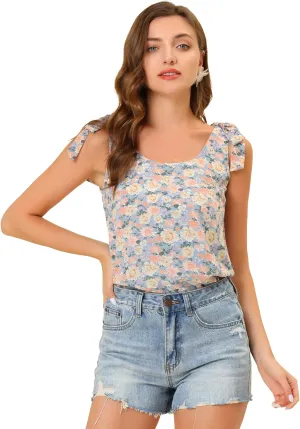 Allegra K Women's Chiffon Floral Sleeveless Bow Tie Straps Boho Peasant Casual Tank Top