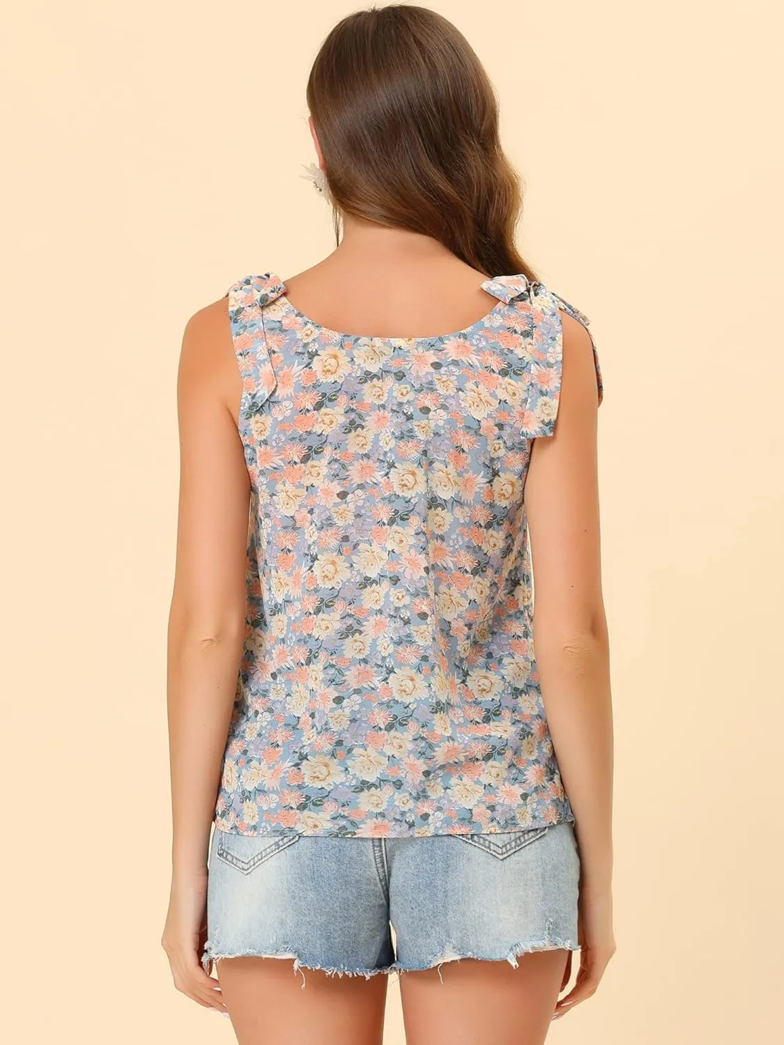 Allegra K Women's Chiffon Floral Sleeveless Bow Tie Straps Boho Peasant Casual Tank Top