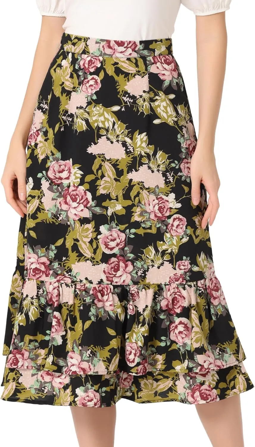 Allegra K Women's Printed Skirt 2025 Trendy Spring Summer Chiffon Elastic Ruffle Tiered Flowy Midi Skirts