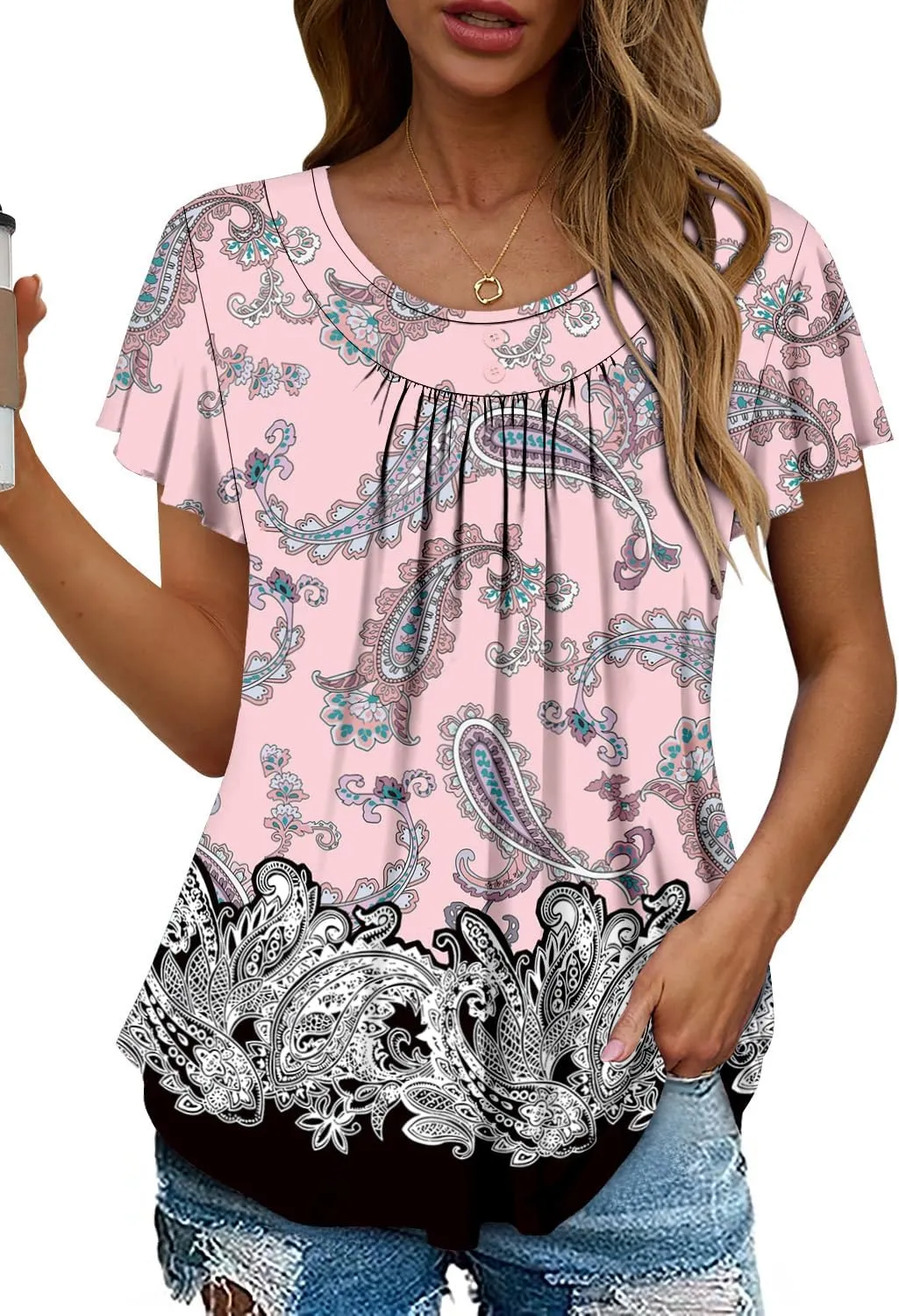 Angerella Women Tunic Tops Dressy Casual Summer Short Sleeve Shirts Floral Loose Fit Pleated Boho Top S-3XL