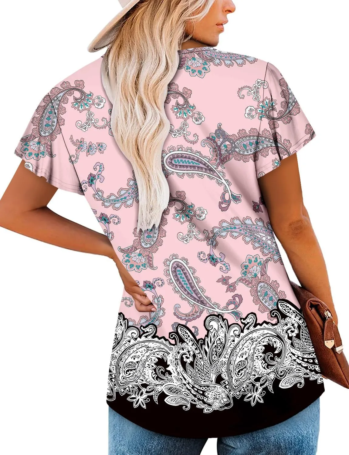 Angerella Women Tunic Tops Dressy Casual Summer Short Sleeve Shirts Floral Loose Fit Pleated Boho Top S-3XL