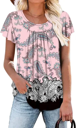 Angerella Women Tunic Tops Dressy Casual Summer Short Sleeve Shirts Floral Loose Fit Pleated Boho Top S-3XL