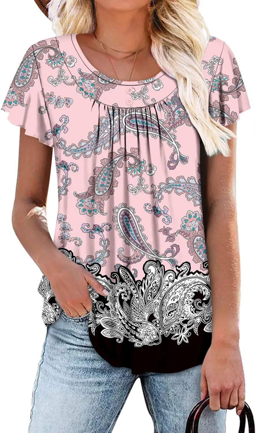Angerella Women Tunic Tops Dressy Casual Summer Short Sleeve Shirts Floral Loose Fit Pleated Boho Top S-3XL
