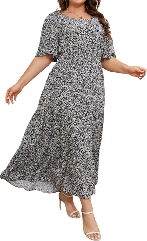 ANOTHER CHOICE Plus Size Dress for Women Floral Short Sleeve Maxi Dress Casual Modest Boho Floral Dresses